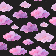 Watercolor seamless pattern with pink  violet clouds on black background