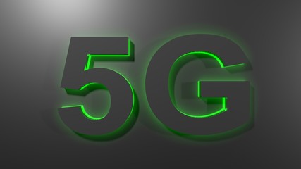 5G black write with green light, on black surface - 3D rendering illustration