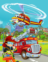 Obraz na płótnie Canvas cartoon scene with fire brigade car vehicle on the road and fireman worker - illustration for children