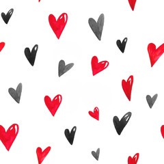 Watercolor seamless pattern with red and gray  hearts