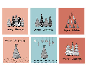 Christmas cards set with doodle sketched fir trees. Line drawing. Hand drawn illustration.
