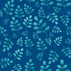 Fototapeta na wymiar watercolor seamless pattern with emerald leaves on classic blue background