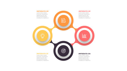 Vector infographics timeline design template with circles label. Business concept with 4 steps, options, cycle. Can be used for workflow layout, diagram, annual report, presentation.