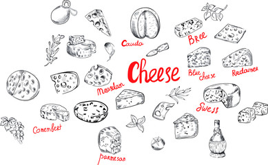Big set of vector icons cheese , wine , food, lettering isolated on white background . Concept for menu, web design  cards, lofo, icon 