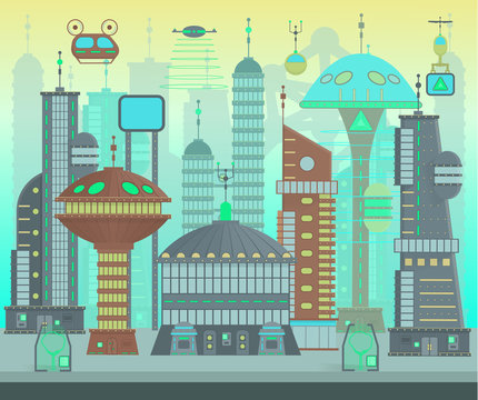Futuristic city set in flat cartoon design style. Panorama of a modern city with modern buildings and futuristic traffic: skyscrapers, flying cars and drones. Vector elements for 2D games.