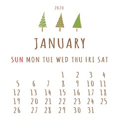 January 2020 Calendar. Winter month illustration