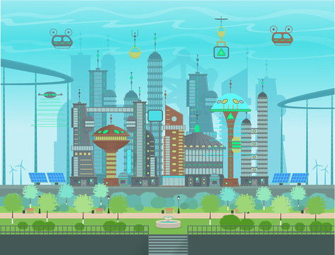 Futuristic eco city in flat cartoon style. Panorama of a modern city with modern buildings, futuristic traffic, park with fountain, solar, panels windmills. Vector illustration.