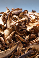 braune geschnittene gesammelte getrocknete Pilze auf grauem Grund im Herbst