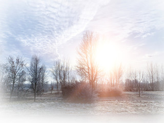 Winter landscape, landscape with a river and sunny sunset. Natural background, winter background.