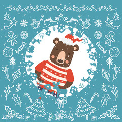 Cartoon illustration for holiday theme with happy bear on winter background with trees and snow. Greeting card for Merry Christmas and Happy New Year. Vector illustration.