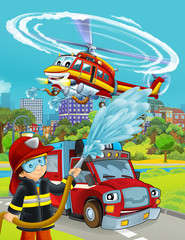 cartoon scene with fire brigade car vehicle on the road and fireman worker - illustration for children