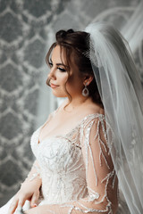 Beautiful bride in a wedding dress, romantic atmosphere of the bride's morning. Wedding makeup and hairstyle. Glamorous face. Morning of beautiful bride. Wedding day