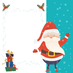 Cartoon illustration for holiday theme with happy Santa Claus on winter background with trees and snow. Greeting card for Merry Christmas and Happy New Year.Vector illustration.
