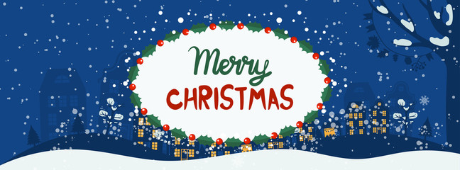 Fototapeta na wymiar Cartoon illustration with text for holiday theme, winter background with trees and snow. Banner for Merry Christmas and Happy New Year.Vector illustration.