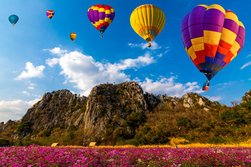 Fototapeta premium Beautiful colors of the hot air balloons flying over on the hill in the cosmos flowers field background