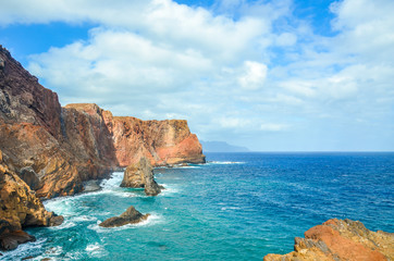 Amazing volcanic rocks in Ponta de Sao Lourenco, Madeira Island, Portugal. Cliffs by the Atlantic ocean in the easternmost point of the island of Madeira. Portuguese landscape. Tourist attraction