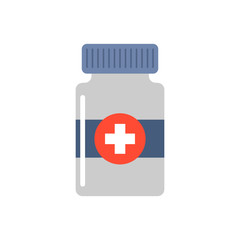 Obraz premium First medical aid symbol in the form of a jar with cross on it and with two pills in black and white colors. First medical aid Jar with two pills black color vector eps10. Medical bottle icon.