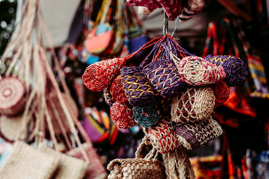 Handmade bunch of purses made from the fiber of Abaca plant, quality product of the Philippines. Copy Space. Selective focus.