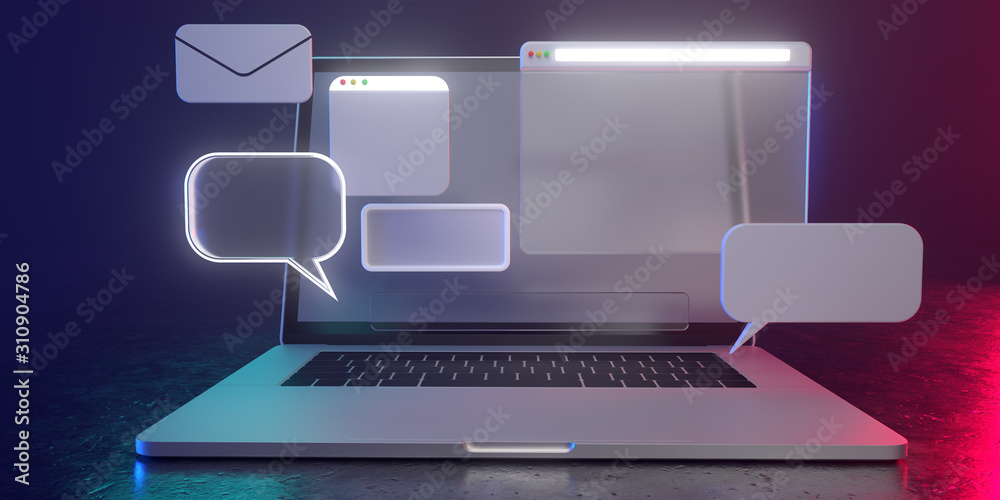 Wall mural 3d holographic icons on laptop with dim light - 3d illustration of social media usage. all live in a