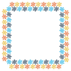 Square frame for text in the Scandinavian style from colorful abstract opened flowers with petals on a white background, top view. Isolated template. Vector.