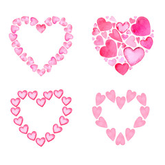 Set of four heart-shaped frames made of watercolor hearts on a white background. Isolated items. Templates for Valentine's day, wedding or invitation.