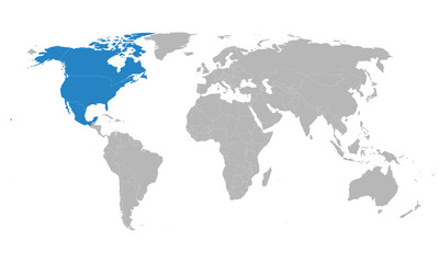 US canada mexico trade map highlighted blue on world map. Light gray background Perfect for backgrounds, business concepts, backdrop, banner, chart, sticker, label etc.