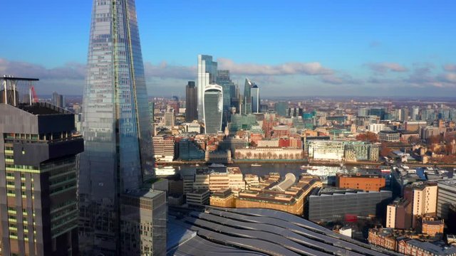 Beautiful London City Skyline, Shard And Towerbridge Panoramic Aerial Footage, Thames River