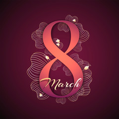 Greeting card design with number "8" and abstract petals on the dark background for Happy Women's Day, March 8-th. 