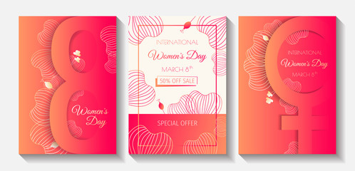 Set of banners for International women's Day, March 8th.  Women's sign, Number eight, special offer. Vector illustration 