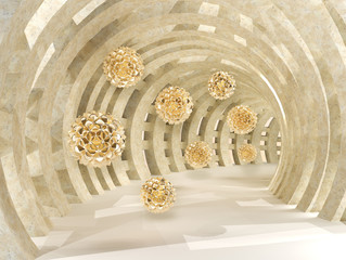 Naklejki  Tunel ze złotymi latającymi kulkami renderowania 3d