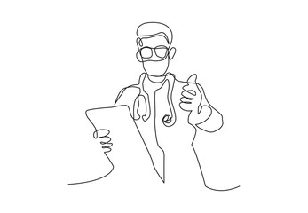 Continuous line drawing of doctors silhouette. Hospital scene. Template for your design works. Vector illustration