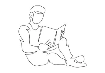 continuous line drawing of man sitting on floor reading book