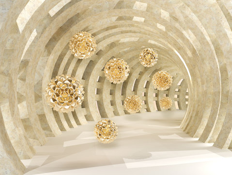 Fototapeta Tunel z złotym latającym piłki 3d renderingiem