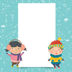 Fototapeta premium Cartoon illustration for holiday theme with happy children on winter background with trees and snow. Greeting card for Merry Christmas and Happy New Year.Vector illustration.