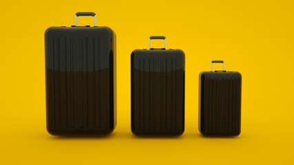 Three suitcases isolated on yellow background, 3d illustration