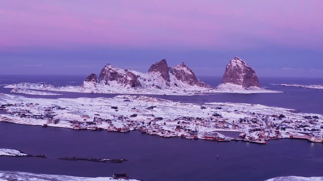 Winter sunrise over Tr&aelig;na islands, Nordland, Northern Norway, aerial drone shot