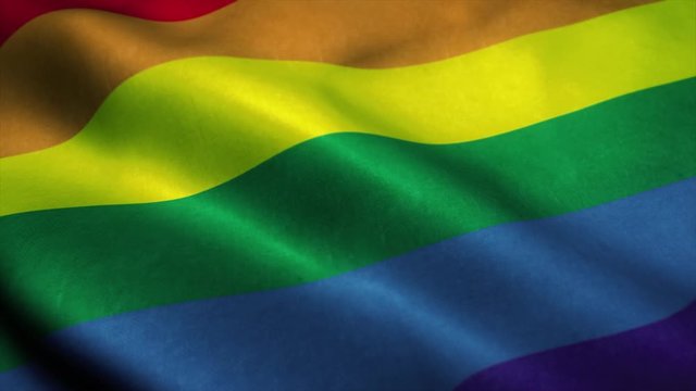 The rainbow flag, LGBT pride flag or gay pride flag waving at wind