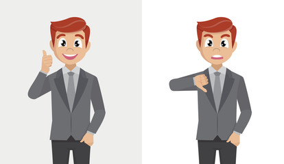 Businessman showing thumb up and thumb down. Likes and dislikes feedback concept.