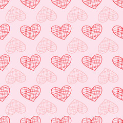 Hearts with Grid pattern inside, pink and red rows of hearts on a pink background, seamless vector repeat pattern, surface design