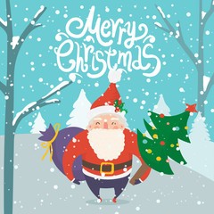 Cartoon illustration for holiday theme with happy Santa Claus on winter background with trees and snow. Greeting card for Merry Christmas and Happy New Year.Vector illustration.