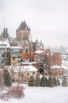 Cityscape of old Town of Quebec, Canada, in winter time. Can see the Chateau Frontenac with snow