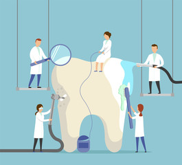 Medical concept. Group of small dentists are caring for a large tooth. Modern digital illustration with smooth shapes. Big tooth on the abstract background
