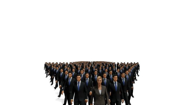 Businessmen with a businesswoman in front forming arrow shape pointing up, hd, against white