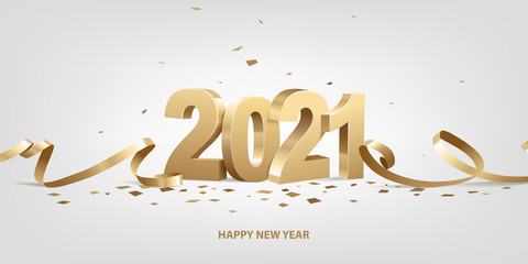 Obraz na płótnie Canvas Happy New Year 2021. Golden 3D numbers with ribbons and confetti on a white background.