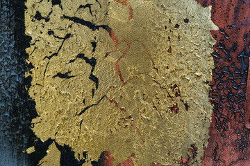 Abstract background. Abstract patterns on canvas. Large strokes of paint. Texture. Golden color. Oil paint texture with brush and palette knife strokes. Multi colored wallpaper. Modern art concept