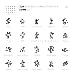 Sport and Fitness Activity outline vector icons. Run, Yoga, Stair Stepper, High-intensity interval training, Tai Chi, Pilates. Editable stroke.