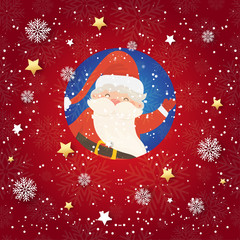 Cartoon illustration for holiday theme with happy Santa Claus on winter background with trees and snow. Greeting card for Merry Christmas and Happy New Year.Vector illustration.