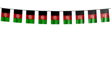 pretty many Afghanistan flags or banners hanging on string isolated on white - any feast flag 3d illustration..