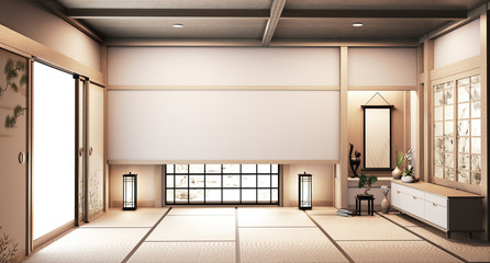 Paper window wooden design on Empty room white on wooden floor japanese interior design.3D rendering