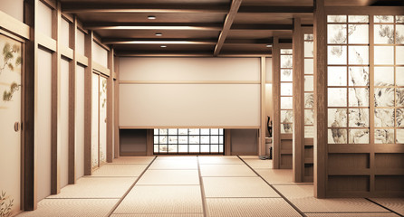 Fototapeta na wymiar Paper window wooden design on Empty room white on wooden floor japanese interior design.3D rendering